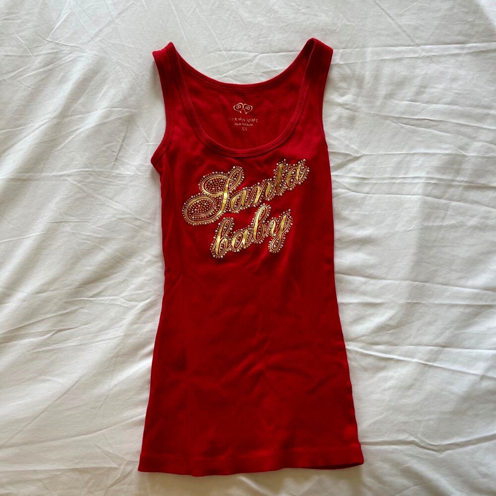 Vintage victoria's secret Santa Baby gold rhinestone red cami tank top XS